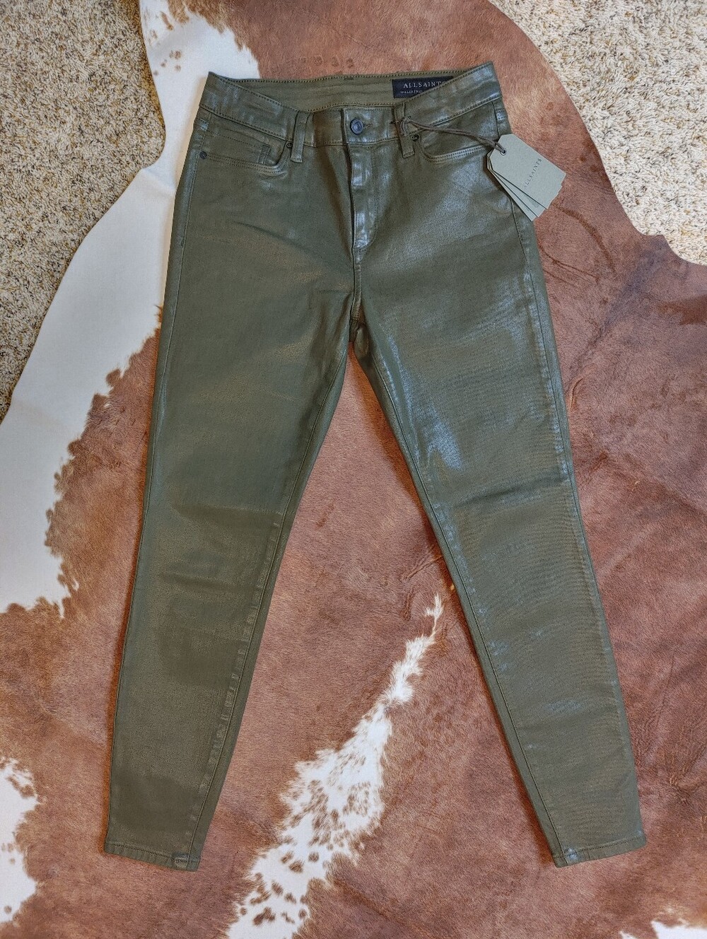 All Saints Miller Coated Denim Skinny Jeans, Khaki Green 28